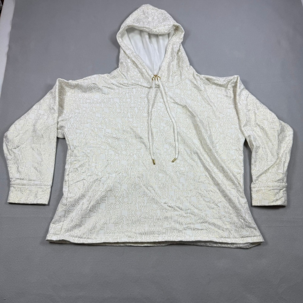 Michael Kors Womens 1X White Gold Metallic Logo Monogram Hoodie Sweatshirt